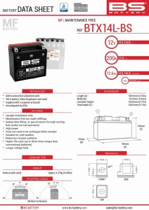 BS AKUMULATOR BTX14L-BS (YTX14L-BS) 150X87X145 BEZOBSŁUGOWY - ELEKTROLIT OSOBNO (4) UE2019/1148