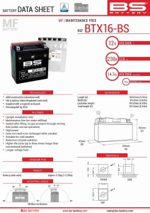 BS AKUMULATOR BTX16-BS (YTX16-BS) 12V 14AH 152X88X161 BEZOBSŁUGOWY - ELEKTROLIT OSOBNO (230A) (4) UE2019/1148