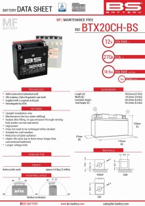 BS AKUMULATOR BTX20CH-BS (YTX20CH-BS, YTX20A-BS) 12V 18AH 150X87X161 BEZOBSŁUGOWY - ELEKTROLIT OSOBNO (270A) (2) UE2019/1148 (300808)