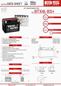 BS AKUMULATOR BTX4L-BS+ (YTX4L-BS) 12V 4AH 113X70X85 BEZOBSŁUGOWY - ELEKTROLIT OSOBNO (50A) (ZWIĘKSZONA POJEMNOŚĆ) (8) UE2019/1148 - ZASTĘPUJE 300819