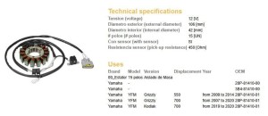 DZE UZWOJENIE ALTERNATORA STATOR YAMAHA YFM 550 GRIZZLY '09-'14; YFM 700 GRIZZLY '07-'20; YFM 700 KODIAK '19-'20 (OEM 28P-81410-00; 3B4-81410-00)