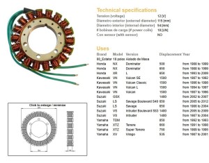 DZE UZWOJENIE ALTERNATORA STATOR HONDA NX 650 DOMINATOR '88-'99; XR 650L '93-'09; KAWASAKI VN 1500 VULCAN '87-'97; SUZUKI LS 650 SAVAGE '86-'12; VS 1400 INTRUDER '87-'09; GSX 1400 '02-'07; YAMAHA XTZ 660 TENERE '91-'98; XTZ 750 SUPER TENERE '89-'95