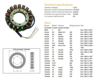DZE UZWOJENIE ALTERNATORA STATOR BMW F 650 '93-'01; VT 500/600 '83-'07; XL 650V TRANSALP '00-'06; XRV 750 AFRICA TWIN '90-'00; SUZUKI VS 600/700/750 INTRUDER '85-'95; VL 1500 INTRUDER '98-'04; YAMAHA TDM 850 '91-'01; XV 700/750/1000/1100 VIRAGO '81-'