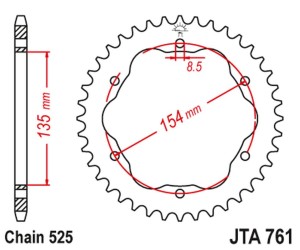 JT ZĘBATKA TYLNA ALUMINIOWA (ERGAL) DUCATI 1098/R /S '07-'09, STREETFIGHTER 1099 '09-'13, 1198R/S '09-'11, 1199 PANIGALE '12-'15, 1299 PANIGALE '15-'19, PANIGALE V4S '18-'21, MONSTER 1200 '14-'20 (ŁAŃC. 525)
