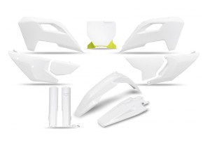 UFO KOMPLET PLASTIKÓW (FULL KIT) Z OSŁONAMI TELESKOPÓW (AMORTYZATORÓW) HUSQVARNA TC 125 / 250 '23-'24, FC 250 / 350 / 450 '23-'24, FX 350 / 450 '23-'24, TX 300 '24, KOLOR BIAŁY