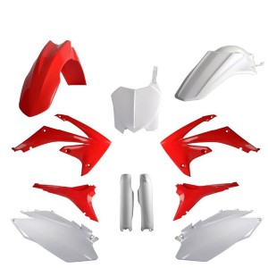 POLISPORT KOMPLET PLASTIKÓW (FULL KIT) HONDA CRF 250R '11-'13; CRF 450R '11-'12 W ZESTAWIE TABLICA PRZEDNIA (8656700001) I OSŁONY AMORTYZARORÓW (8351700001) KOLOR CZERWONO BIAŁY OEM