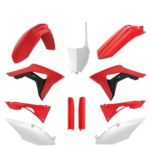 POLISPORT KOMPLET PLASTIKÓW (FULL KIT) HONDA CRF 250R '18-'21; CRF 450R '17-'20 W ZESTAWIE TABLICA PRZEDNIA (8667200002) I OSŁONY AMORTYZARORÓW (8351900003) KOLOR CZERWONO BIAŁY OEM