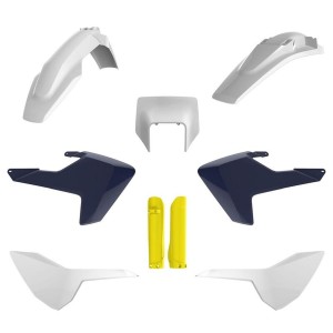 POLISPORT KOMPLET PLASTIKÓW (FULL KIT) HUSQVARNA TE/FE TPI '17-'19 W ZESTAWIE TABLICA PRZEDNIA (8666900001) I OSŁONY AMORTYZARORÓW (8398900004) KOLOR BIAŁO NIEBIESKI OEM