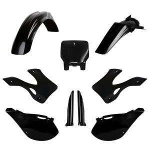 POLISPORT KOMPLET PLASTIKÓW (FULL KIT) KAWASAKI KX 125/250 '99-'02 W ZESTAWIE TABLICA PRZEDNIA (8677000002) I OSŁONY AMORTYZARORÓW (8395000003) KOLOR CZARNY