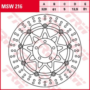 TRW ZF TARCZA HAMULCOWA PRZÓD KAWASAKI ZX-7R/RR '96-'02, ZXR 750 '91-'95, ZX-9R '94-'04, ZZR 1100 '93-'01, ZX-12R '00-'03, ZZR 1200 '02-'05, VN 1500/1600 MEAN STREK '02-'05, SUZUKI VZ 1600 MARAUDER '04-'05 (320X61X5MM)