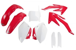 UFO KOMPLET PLASTIKÓW (FULL KIT) Z OSŁONAMI TELESKOPÓW (AMORTYZATORÓW) HONDA CRF 450 R '05-'06 KOLOR OEM (CZERWONY/BIAŁY) (HO108E999)