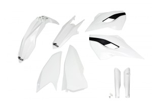 UFO KOMPLET PLASTIKÓW (FULL KIT) Z OSŁONAMI TELESKOPÓW (AMORTYZATORÓW) HUSQVARNA TE/FE 125/250/300/350/450 '15-'16 KOLOR BIAŁY (HU615E041)