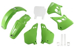 UFO KOMPLET PLASTIKÓW (FULL KIT) Z OSŁONAMI TELESKOPÓW (AMORTYZATORÓW) KAWASAKI KX 250 '90-'91, KOLOR OEM (ZIELONY/BIAŁY) (KA188E999)
