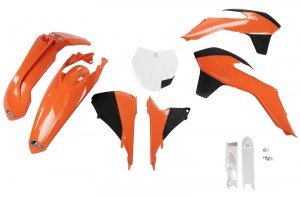 UFO KOMPLET PLASTIKÓW (FULL KIT) Z OSŁONAMI TELESKOPÓW (AMORTYZATORÓW) KTM SX/SXF '13-'15, SX 250 '16, KOLOR OEM '13-'14 (POMARAŃCZOWY/CZARNY/BIAŁY) (KT515E999)