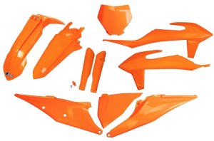 UFO KOMPLET PLASTIKÓW (FULL KIT) Z OSŁONAMI TELESKOPÓW (AMORTYZATORÓW) KTM SX 125/150/250 '19-'22, SXF (SX-F) 250/350/450 '19-'22 KOLOR POMARAŃCZOWY (KT522E127)