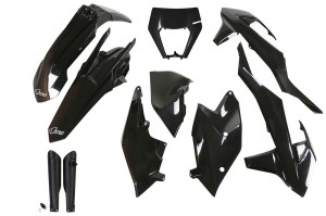 UFO KOMPLET PLASTIKÓW (FULL KIT) Z OSŁONAMI TELESKOPÓW (AMORTYZATORÓW) KTM EXC/EXC-F TPI '17-'19 Z OSŁONĄ LAMPY KOLOR CZARNY (KT523E001)