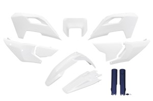UFO KOMPLET PLASTIKÓW (FULL KIT) Z OSŁONAMI TELESKOPÓW (AMORTYZATORÓW) HUSQVARNA TE 150 / 250 / 300 '24-'25, FE 250 / 350 / 450 / 501 '24-'25 KOLOR OEM '25 BIAŁY / NIEBIESKI