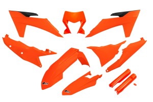 UFO KOMPLET PLASTIKÓW (FULL KIT) Z OSŁONAMI TELESKOPÓW (AMORTYZATORÓW) KTM EXC 150 / 250 / 300 TBI '24-'25, EXC-F 250 / 350 / 450 / 500 '24-'25 KOLOR POMARAŃCZOWY FLUO