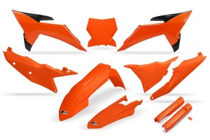 UFO KOMPLET PLASTIKÓW (FULL KIT) Z OSŁONAMI TELESKOPÓW (AMORTYZATORÓW) KTM SX 125 / 150 / 250 / 300 '25-'26, SXF (SX-F) 250 / 350 / 450 '25-'26 KOLOR OEM ( POMARAŃCZOWY )