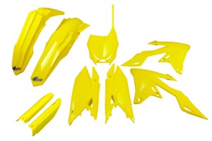 UFO KOMPLET PLASTIKÓW (FULL KIT) Z OSŁONAMI TELESKOPÓW (AMORTYZATORÓW) SUZUKI RMZ 250 '19-'25, RMZ 450 '18-'25 KOLOR ŻÓLTY
