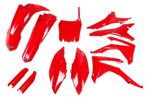 UFO KOMPLET PLASTIKÓW (FULL KIT) Z OSŁONAMI TELESKOPÓW (AMORTYZATORÓW) HONDA CRF 250R 14-17, CRF 450R 13-16 Z OSŁONAMI FILTRA POWIETRZA KOLOR CZERWONY