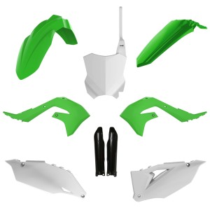 POLISPORT KOMPLET PLASTIKÓW (FULL KIT) KAWASAKI KX 250F '21-'24; KX 450F '19-'23 W ZESTAWIE TABLICA PRZEDNIA (8665900002) I OSŁONY AMORTYZARORÓW (8351800002) KOLOR ZIELONY BIAŁY