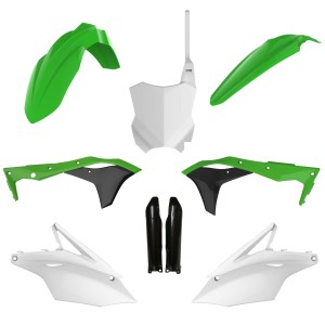 POLISPORT KOMPLET PLASTIKÓW (FULL KIT) KAWASAKI KX 250F '17-'20 W ZESTAWIE TABLICA PRZEDNIA (8665900001) I OSŁONY AMORTYZARORÓW (8351800005) KOLOR ZIELONY CZARNY BIAŁY