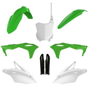 POLISPORT KOMPLET PLASTIKÓW (FULL KIT) KAWASAKI KX 250F '17-'20 W ZESTAWIE TABLICA PRZEDNIA (8665900002) I OSŁONY AMORTYZARORÓW (8351800002) KOLOR ZIELONY BIAŁY CZARNY