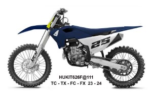 UFO 2025/11 KOMPLET PLASTIKÓW (FULL KIT) Z OSŁONAMI TELESKOPÓW (AMORTYZATORÓW) HUSQVARNA TC 125 / 250 '23-'24, FC 250 / 350 / 450 '23-'24, FX 350 / 450 '23-'24, TX 300 '24, KOLOR GRANATOWY / BIAŁY
