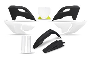 UFO 2025/11 KOMPLET PLASTIKÓW (FULL KIT) Z OSŁONAMI TELESKOPÓW (AMORTYZATORÓW) HUSQVARNA TC 125 / 250 '23-'24, FC 250 / 350 / 450 '23-'24, FX 350 / 450 '23-'24, TX 300 '24, KOLOR CZARNY / BIAŁY