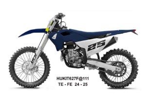 UFO 2025/11 KOMPLET PLASTIKÓW (FULL KIT) Z OSŁONAMI TELESKOPÓW (AMORTYZATORÓW) HUSQVARNA TE 150 / 250 / 300 '24-'25, FE 250 / 350 / 450 / 501 '24-'25 KOLOR GRANATOWY / BIAŁY