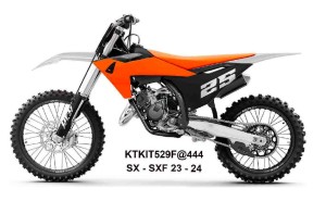 UFO 2025/11 KOMPLET PLASTIKÓW (FULL KIT) Z OSŁONAMI TELESKOPÓW (AMORTYZATORÓW) KTM SX 125 / 250 / 300 TBI '23-'24, SX-F 250 / 350 / 450 '23-'24 KOLOR CZARNY / POMARAŃCZOWY / BIAŁY