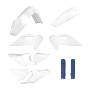 POLISPORT WYPRZEDAŻ KOMPLET PLASTIKÓW (FULL KIT) HUSQVARNA TE/FE TPI '24-'25 W ZESTAWIE OSŁONY AMORTYZATORÓW KOLOR OEM BIAŁY NIEBIESKI OEM '25
