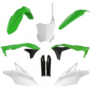 POLISPORT KOMPLET PLASTIKÓW (FULL KIT) KAWASAKI KX 450F '16-'18 W ZESTAWIE TABLICA PRZEDNIA (8665900002) I OSŁONY AMORTYZARORÓW (8351800002) KOLOR ZIELONY