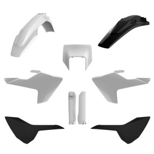 POLISPORT KOMPLET PLASTIKÓW (FULL KIT) HUSQVARNA TE/FE TPI '17-'19 W ZESTAWIE TABLICA PRZEDNIA (8666900001) I OSŁONY AMORTYZARORÓW (8398900001) KOLOR CZARNY BIAŁY